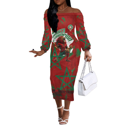 Personalized Morocco Football Off The Shoulder Long Sleeve Dress Atlas Lion Grunge Star Mascot