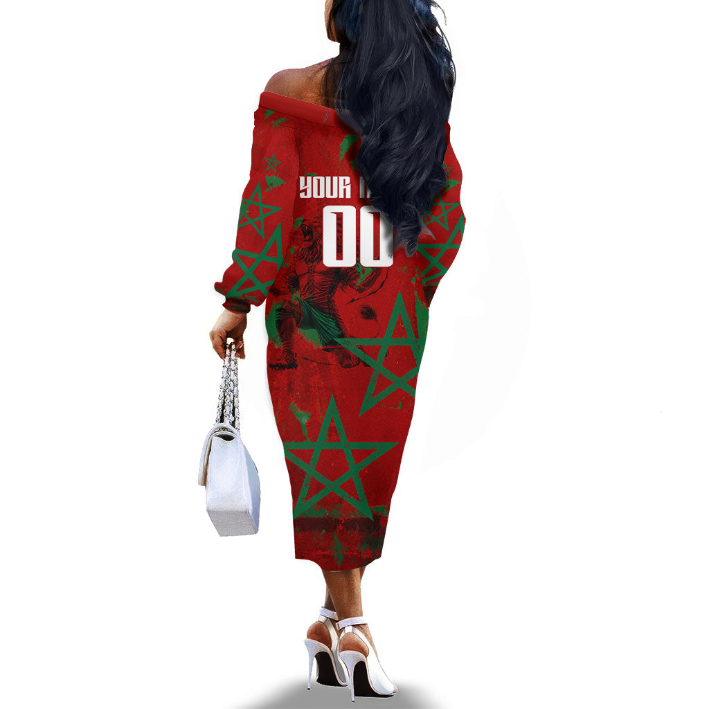 Personalized Morocco Football Off The Shoulder Long Sleeve Dress Atlas Lion Grunge Star Mascot