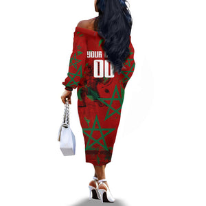 Personalized Morocco Football Off The Shoulder Long Sleeve Dress Atlas Lion Grunge Star Mascot