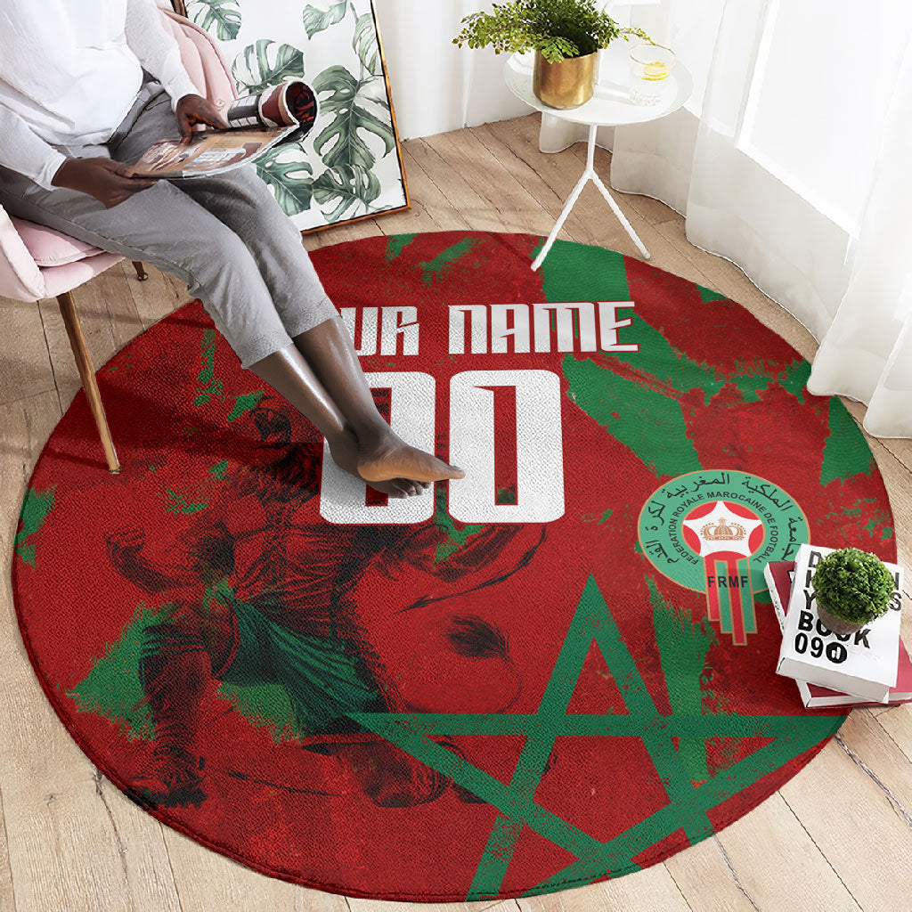 Personalized Morocco Football Round Carpet Atlas Lion Grunge Star Mascot