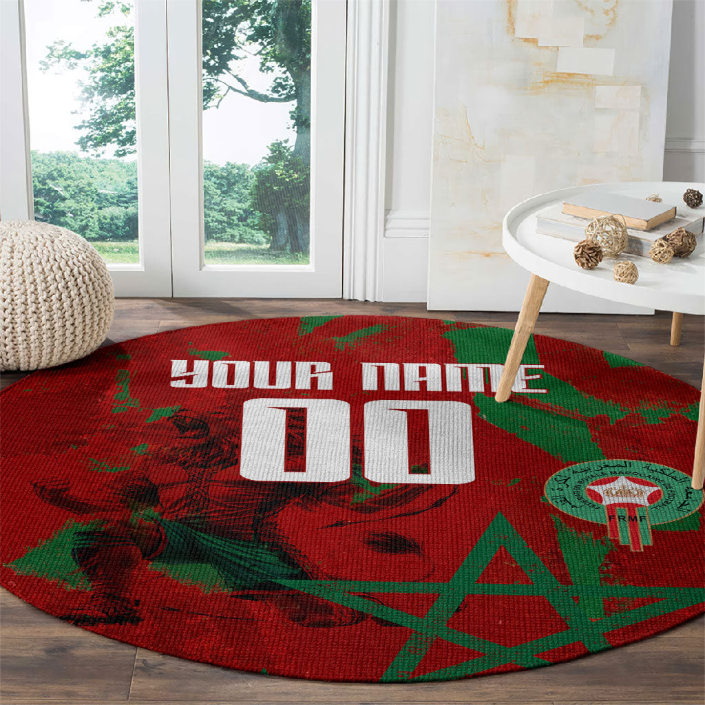 Personalized Morocco Football Round Carpet Atlas Lion Grunge Star Mascot