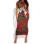 Personalized Morocco Football Short Sleeve Bodycon Dress Atlas Lion Grunge Star Mascot