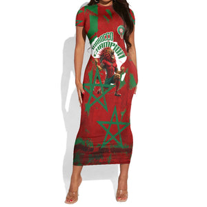 Personalized Morocco Football Short Sleeve Bodycon Dress Atlas Lion Grunge Star Mascot
