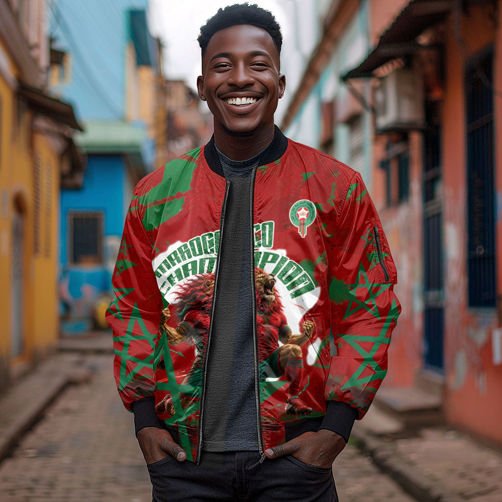 Personalized Morocco Football Sleeve Zip Bomber Jacket Atlas Lion Grunge Star Mascot