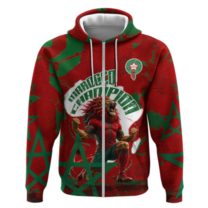 Personalized Morocco Football Zip Hoodie Atlas Lion Grunge Star Mascot