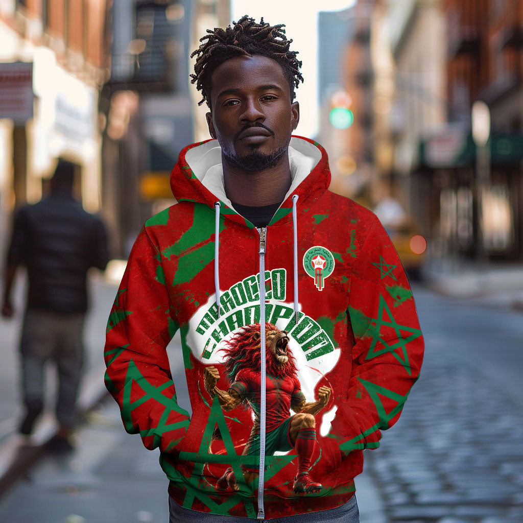 Personalized Morocco Football Zip Hoodie Atlas Lion Grunge Star Mascot