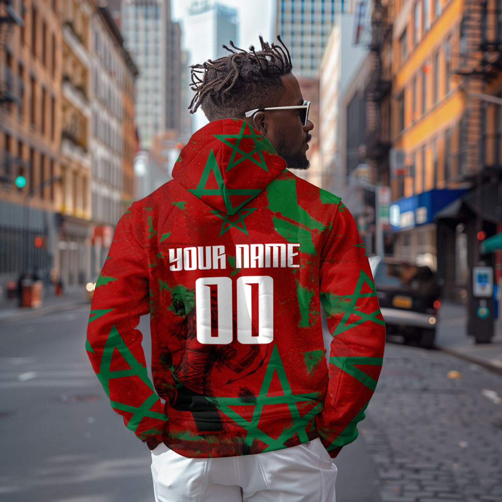 Personalized Morocco Football Zip Hoodie Atlas Lion Grunge Star Mascot