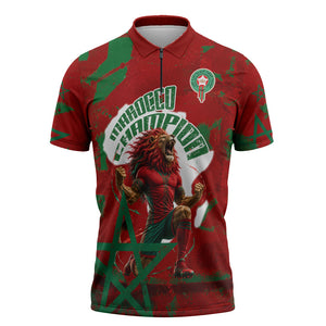 Personalized Morocco Football Zipper Polo Shirt Atlas Lion Grunge Star Mascot
