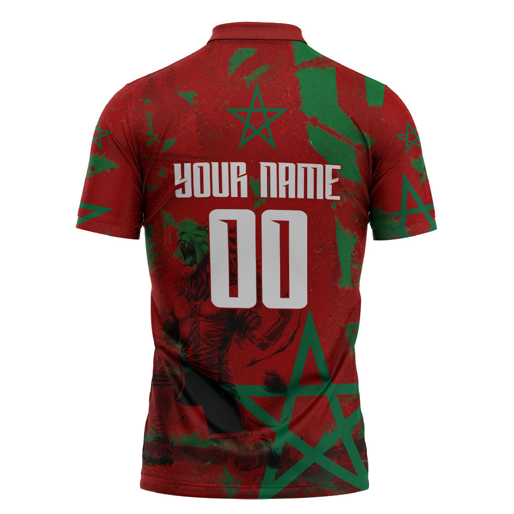Personalized Morocco Football Zipper Polo Shirt Atlas Lion Grunge Star Mascot