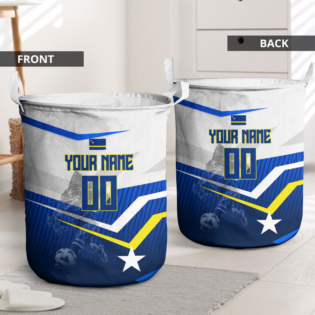 Personalized Curacao Football Marlin Mascot Laundry Basket Caribbean Flag Colors Geometric Blue