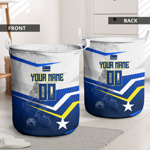 Personalized Curacao Football Marlin Mascot Laundry Basket Caribbean Flag Colors Geometric Blue
