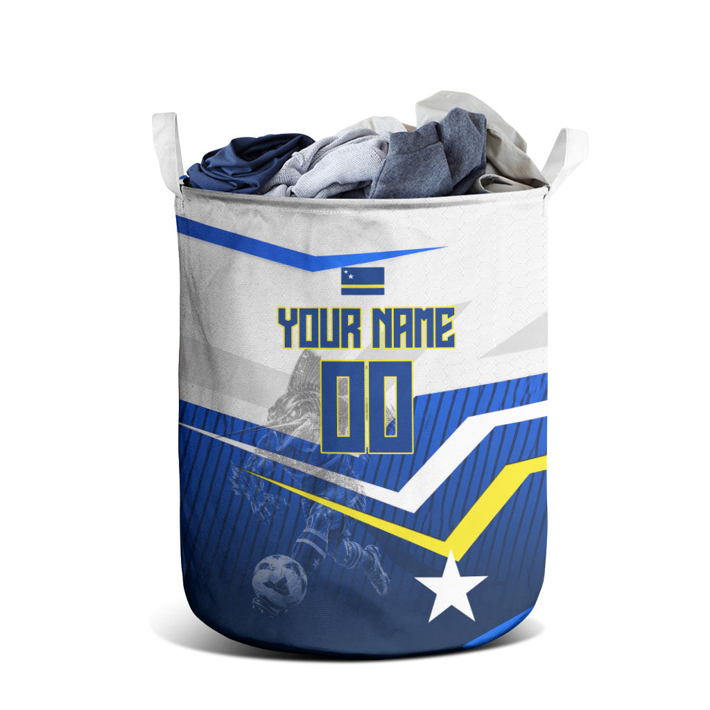 Personalized Curacao Football Marlin Mascot Laundry Basket Caribbean Flag Colors Geometric Blue