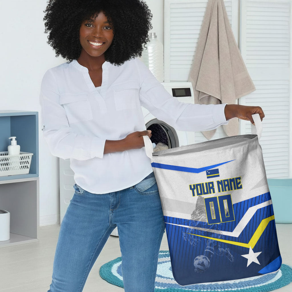 Personalized Curacao Football Marlin Mascot Laundry Basket Caribbean Flag Colors Geometric Blue