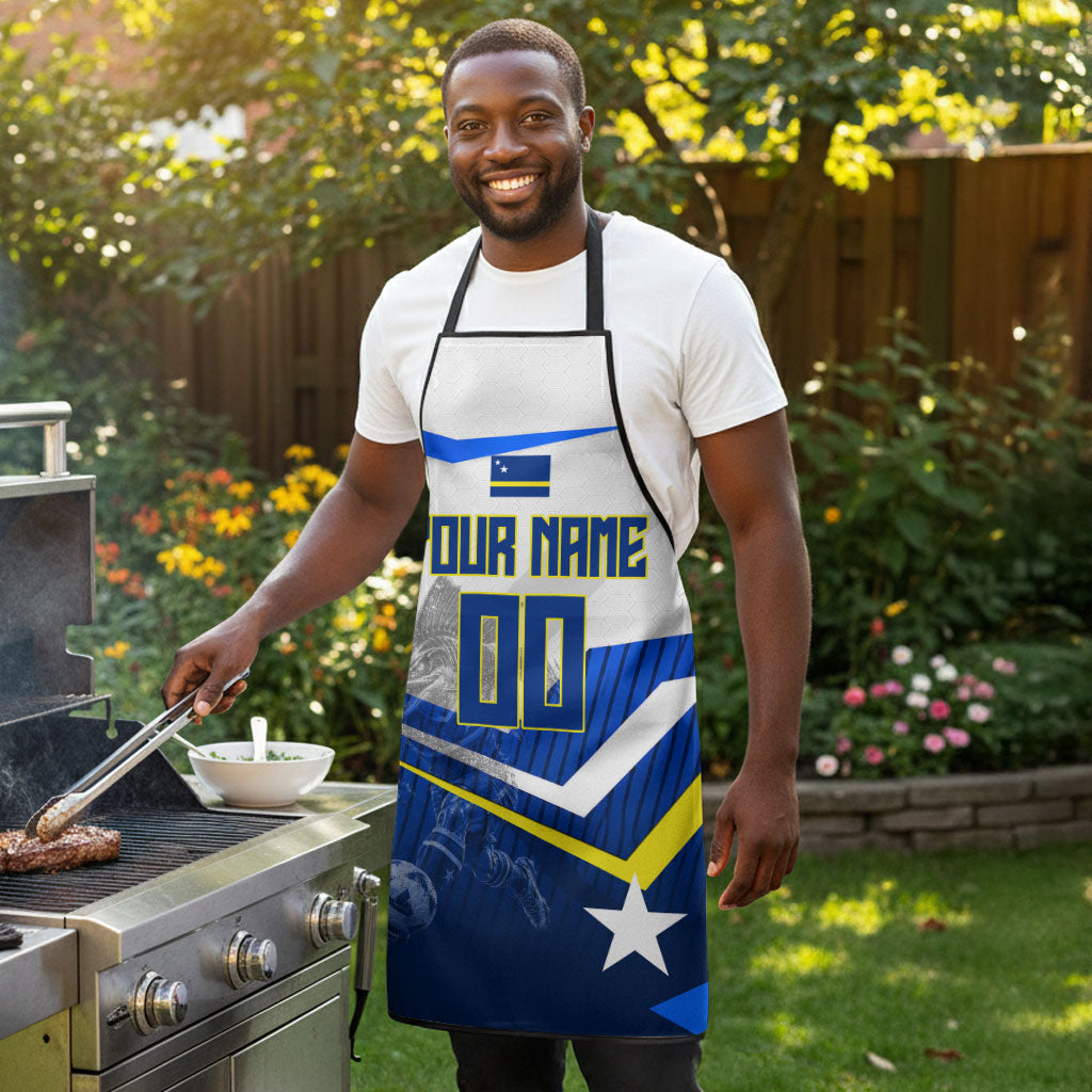 Personalized Curacao Football Marlin Mascot Apron Caribbean Flag Colors Geometric Blue