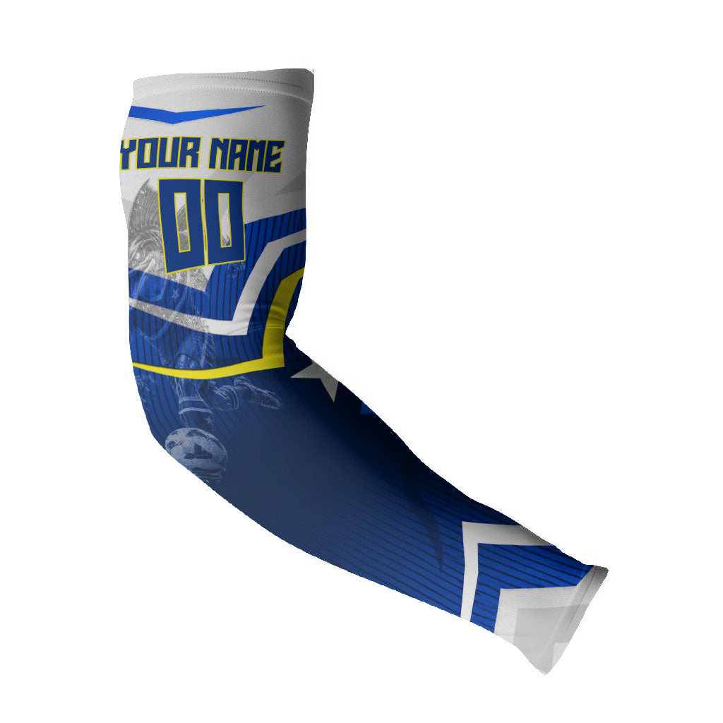 Personalized Curacao Football Marlin Mascot Arm Sleeves Caribbean Flag Colors Geometric Blue