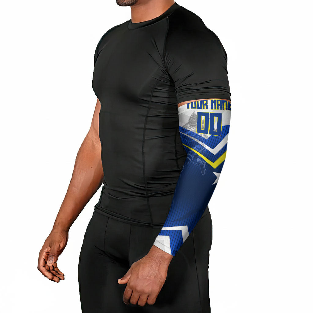 Personalized Curacao Football Marlin Mascot Arm Sleeves Caribbean Flag Colors Geometric Blue