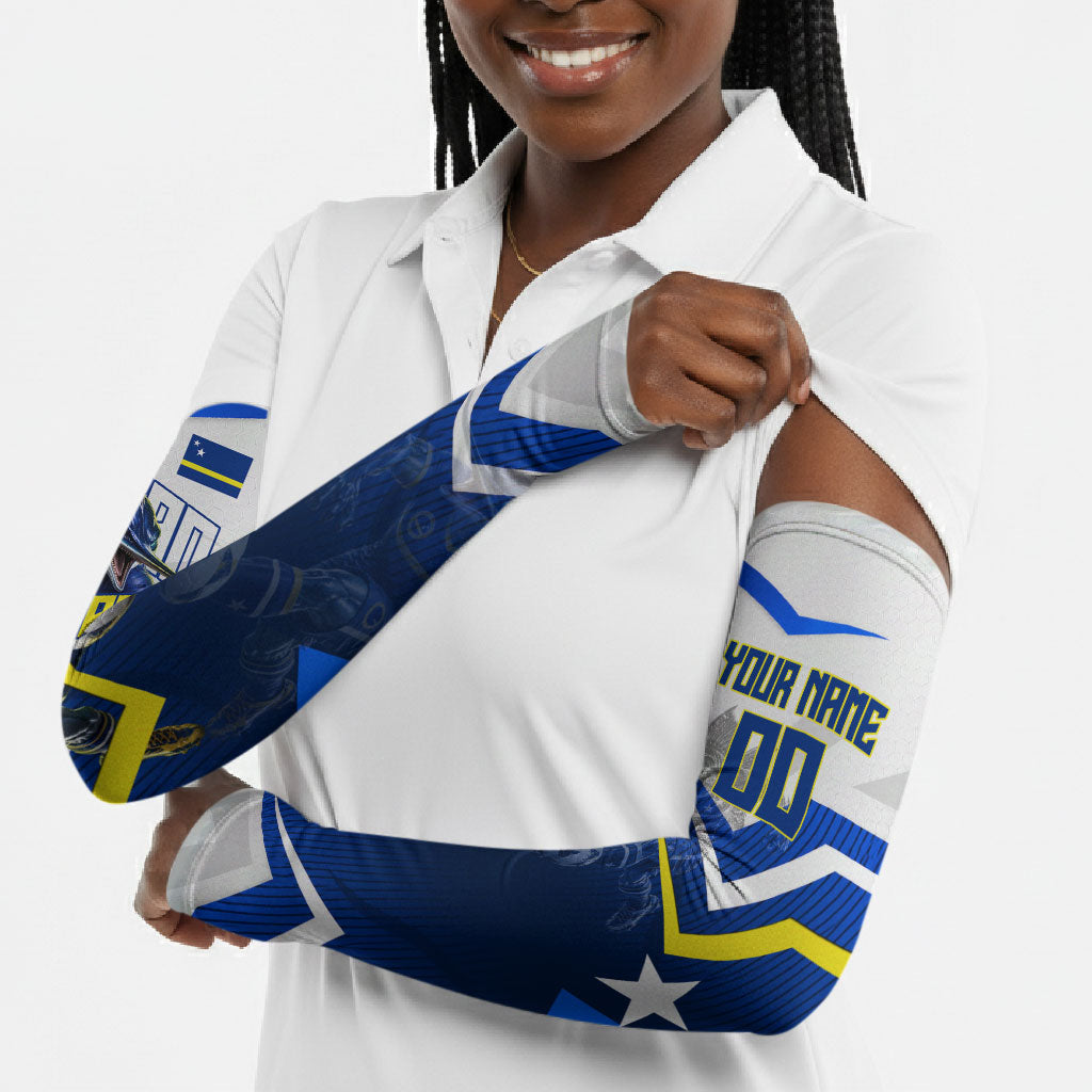 Personalized Curacao Football Marlin Mascot Arm Sleeves Caribbean Flag Colors Geometric Blue