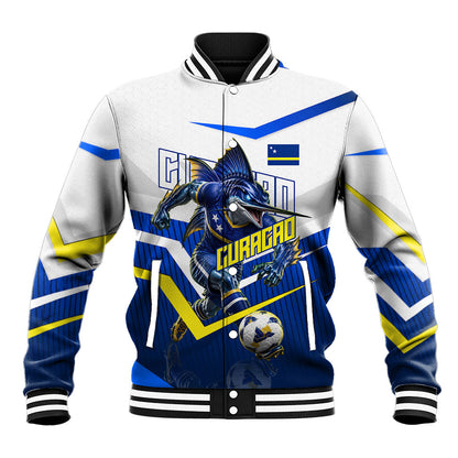 Personalized Curacao Football Marlin Mascot Baseball Jacket Caribbean Flag Colors Geometric Blue