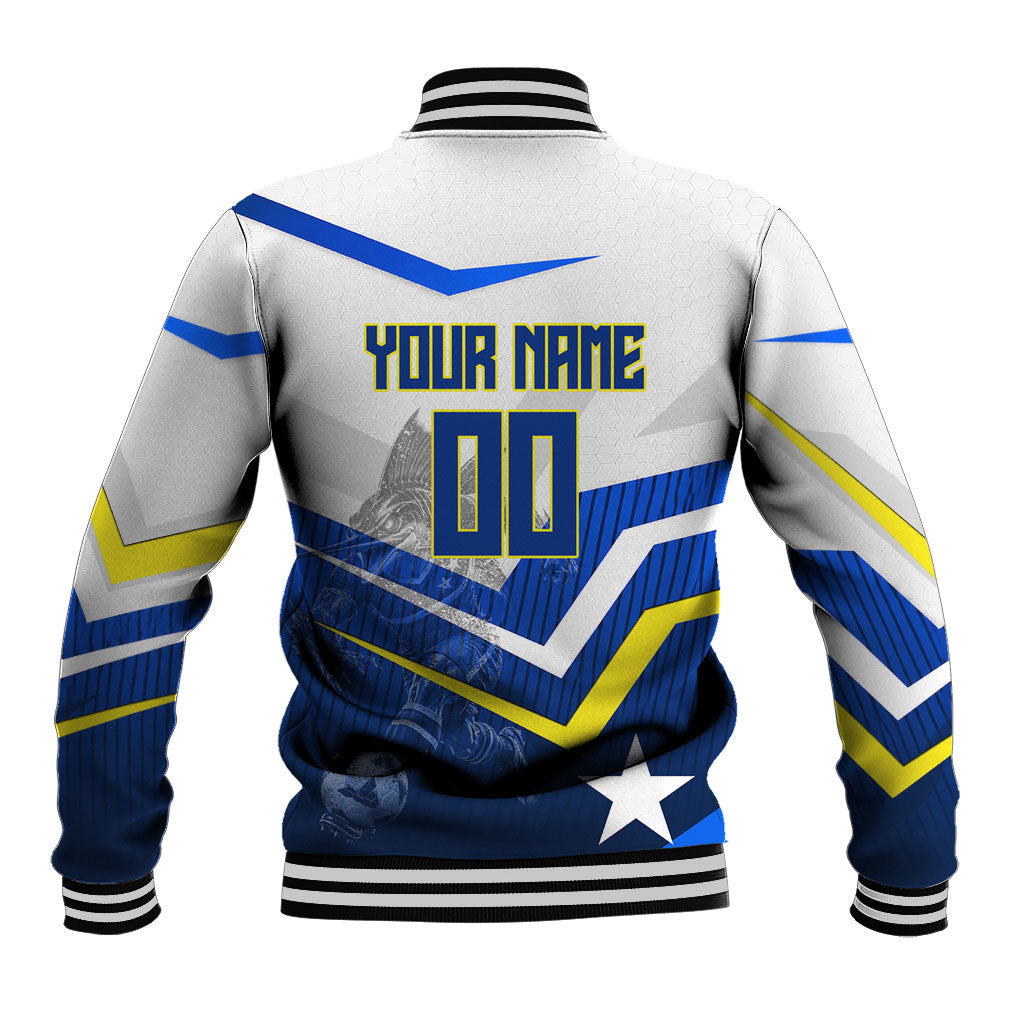 Personalized Curacao Football Marlin Mascot Baseball Jacket Caribbean Flag Colors Geometric Blue