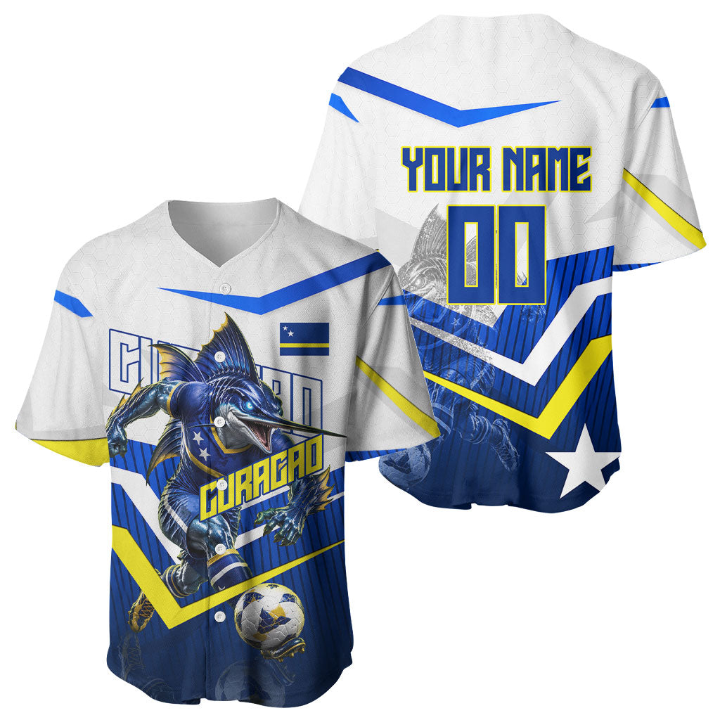 Personalized Curacao Football Marlin Mascot Baseball Jersey Caribbean Flag Colors Geometric Blue