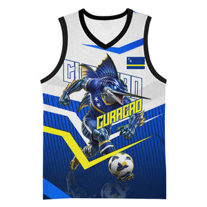 Personalized Curacao Football Marlin Mascot Basketball Jersey Caribbean Flag Colors Geometric Blue