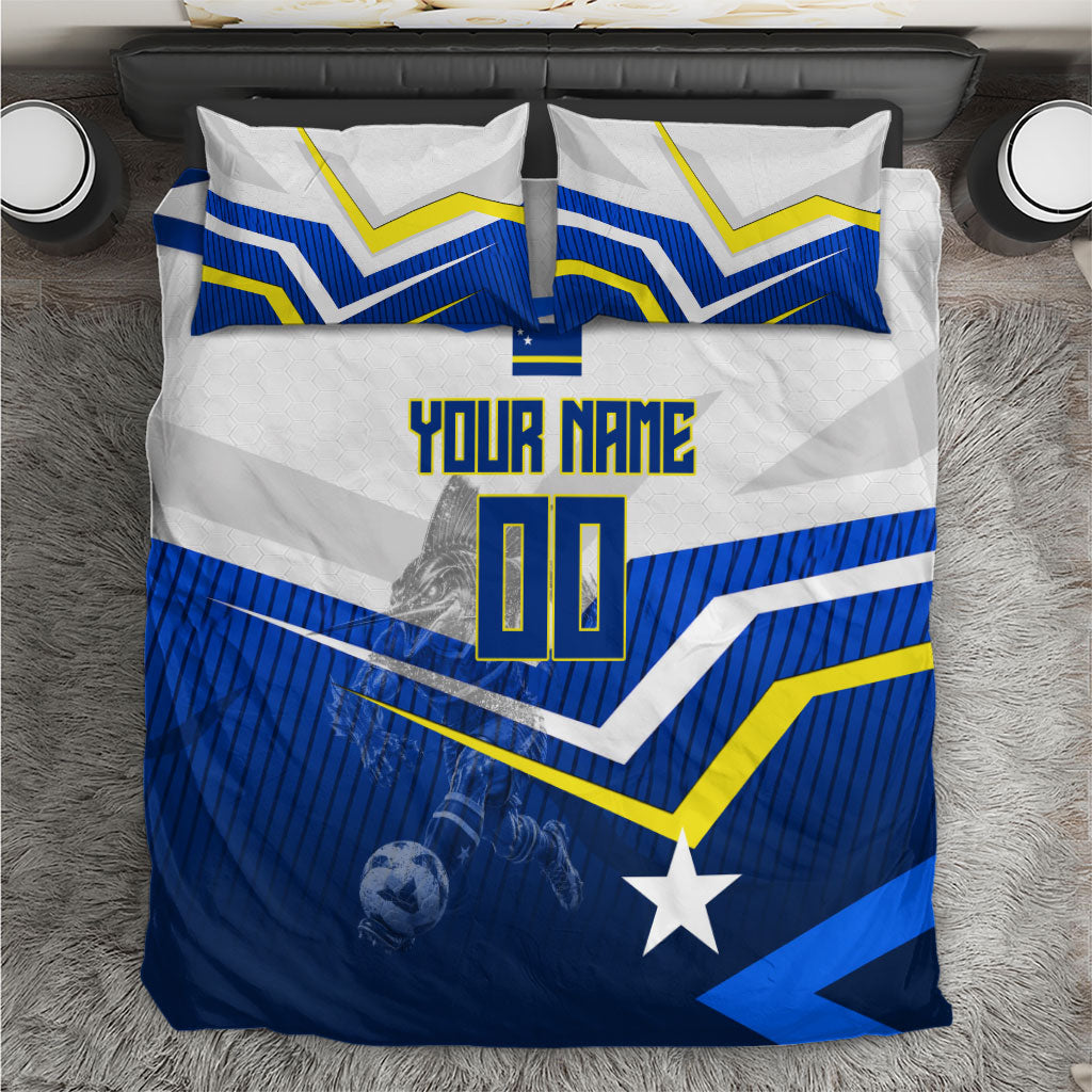 Personalized Curacao Football Marlin Mascot Bedding Set Caribbean Flag Colors Geometric Blue