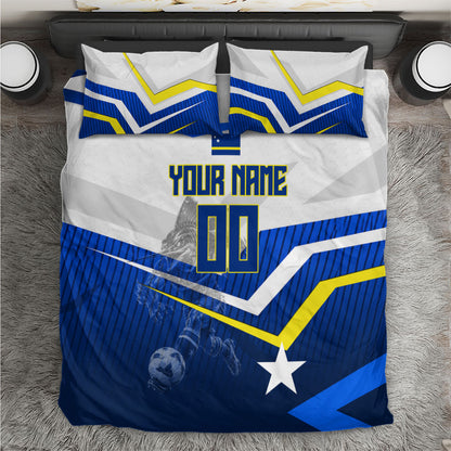 Personalized Curacao Football Marlin Mascot Bedding Set Caribbean Flag Colors Geometric Blue
