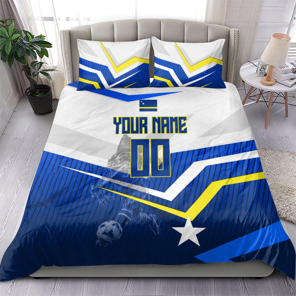 Personalized Curacao Football Marlin Mascot Bedding Set Caribbean Flag Colors Geometric Blue