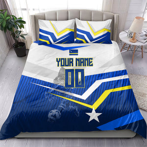 Personalized Curacao Football Marlin Mascot Bedding Set Caribbean Flag Colors Geometric Blue