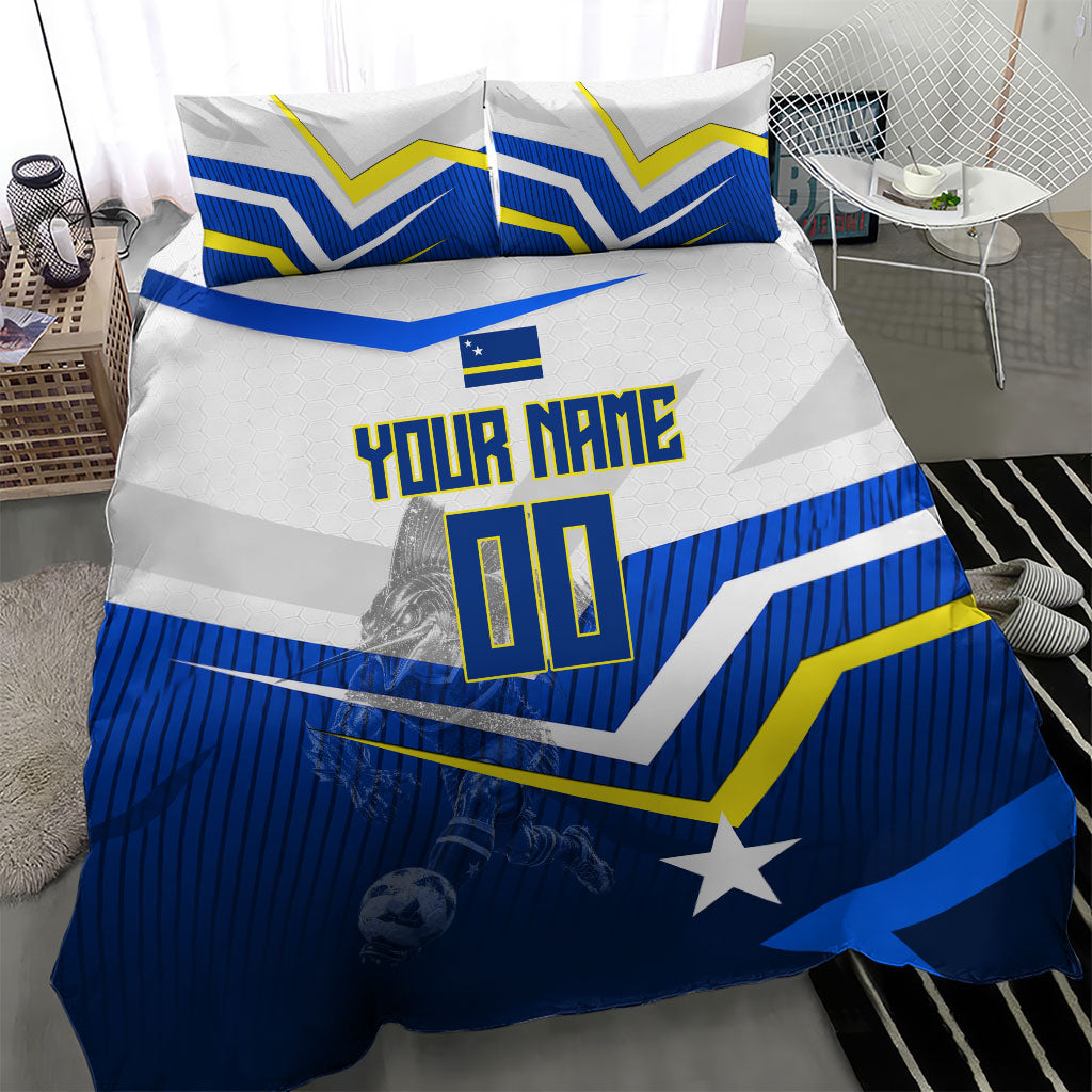 Personalized Curacao Football Marlin Mascot Bedding Set Caribbean Flag Colors Geometric Blue