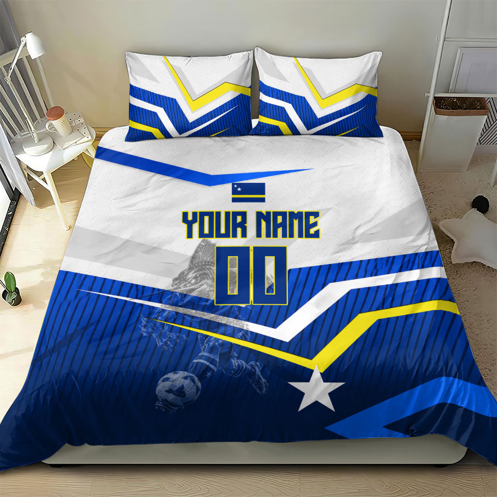 Personalized Curacao Football Marlin Mascot Bedding Set Caribbean Flag Colors Geometric Blue