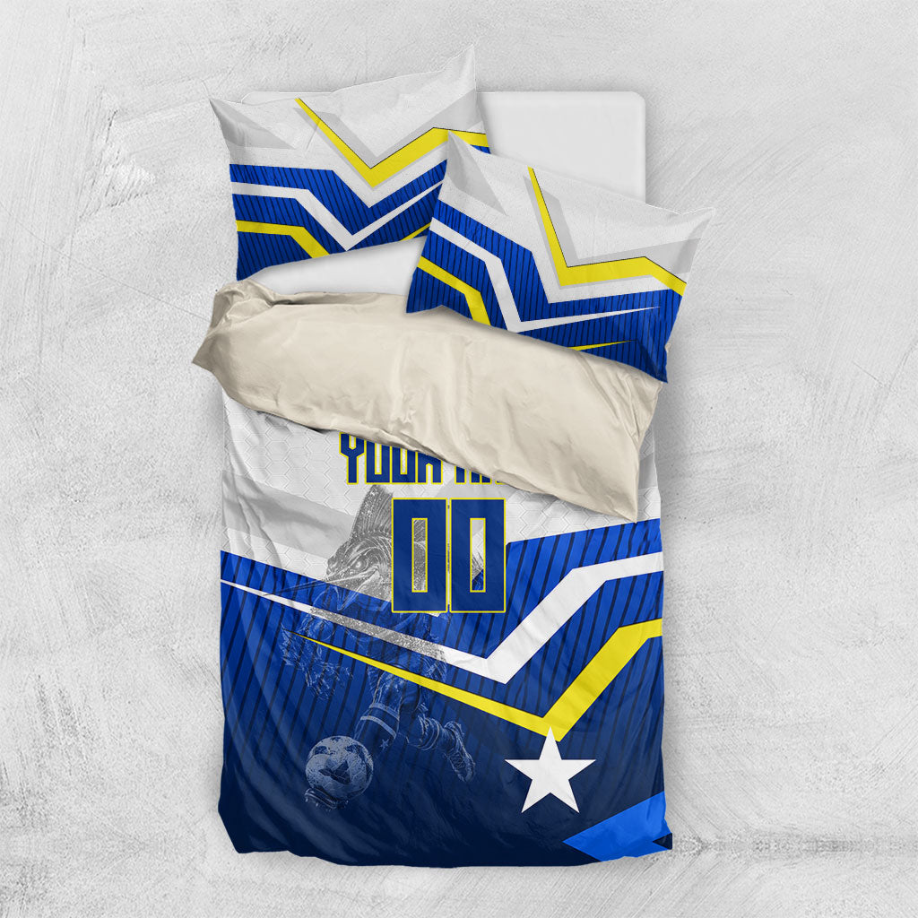 Personalized Curacao Football Marlin Mascot Bedding Set Caribbean Flag Colors Geometric Blue