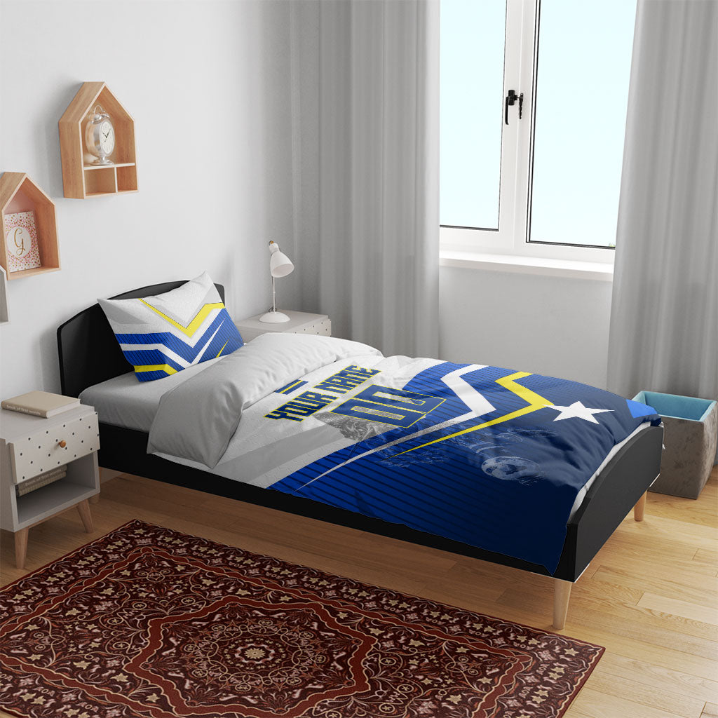 Personalized Curacao Football Marlin Mascot Bedding Set Caribbean Flag Colors Geometric Blue