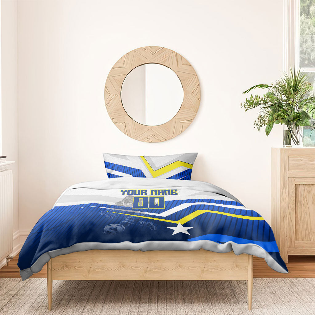 Personalized Curacao Football Marlin Mascot Bedding Set Caribbean Flag Colors Geometric Blue