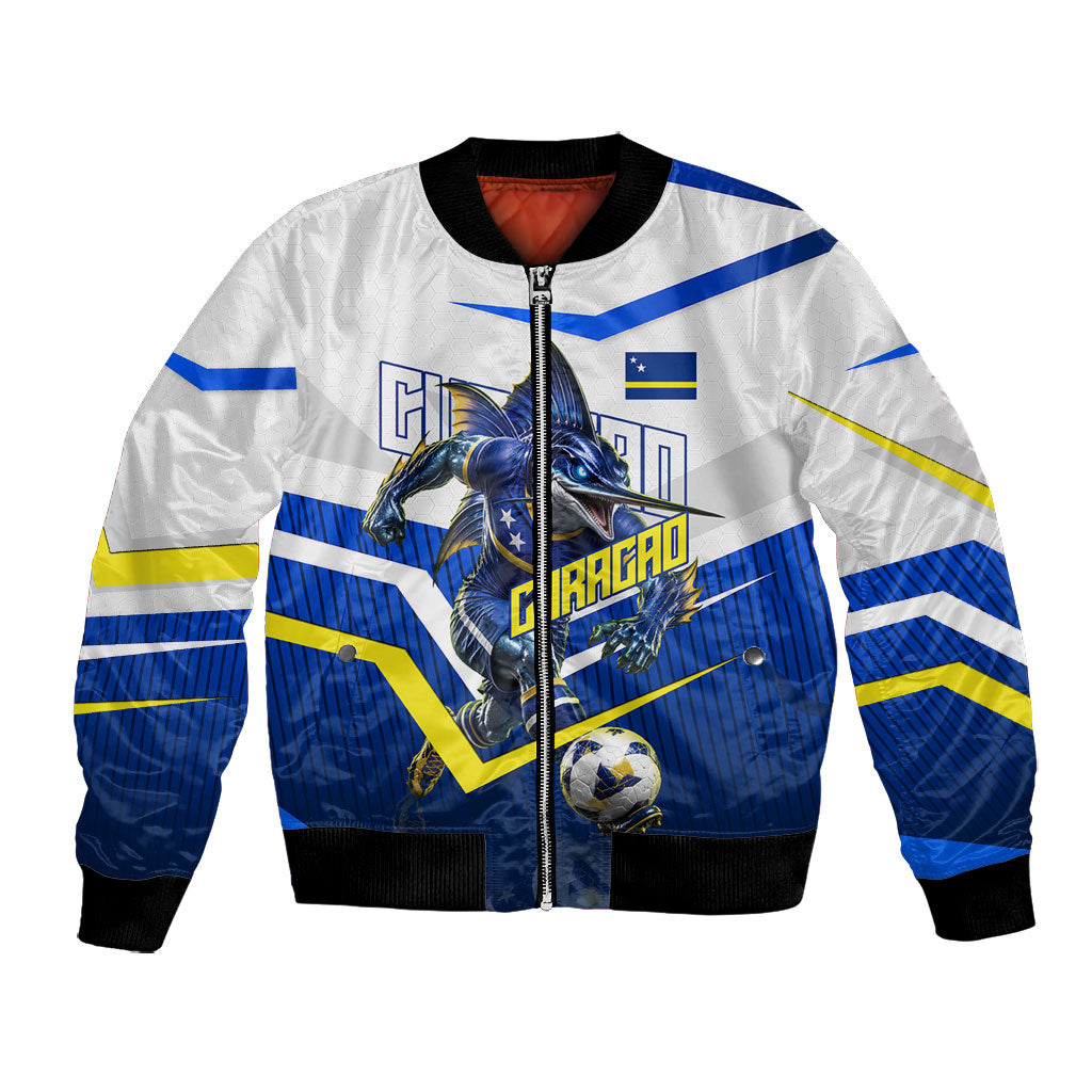 Personalized Curacao Football Marlin Mascot Bomber Jacket Caribbean Flag Colors Geometric Blue