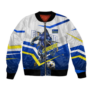 Personalized Curacao Football Marlin Mascot Bomber Jacket Caribbean Flag Colors Geometric Blue