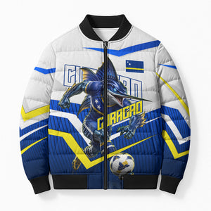 Personalized Curacao Football Marlin Mascot Bomber Puffer Jacket Caribbean Flag Colors Geometric Blue