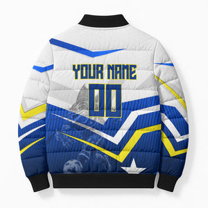Personalized Curacao Football Marlin Mascot Bomber Puffer Jacket Caribbean Flag Colors Geometric Blue