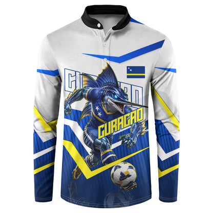 Personalized Curacao Football Marlin Mascot Button Sweatshirt Caribbean Flag Colors Geometric Blue