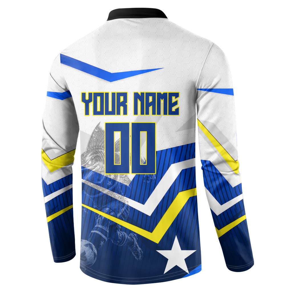 Personalized Curacao Football Marlin Mascot Button Sweatshirt Caribbean Flag Colors Geometric Blue