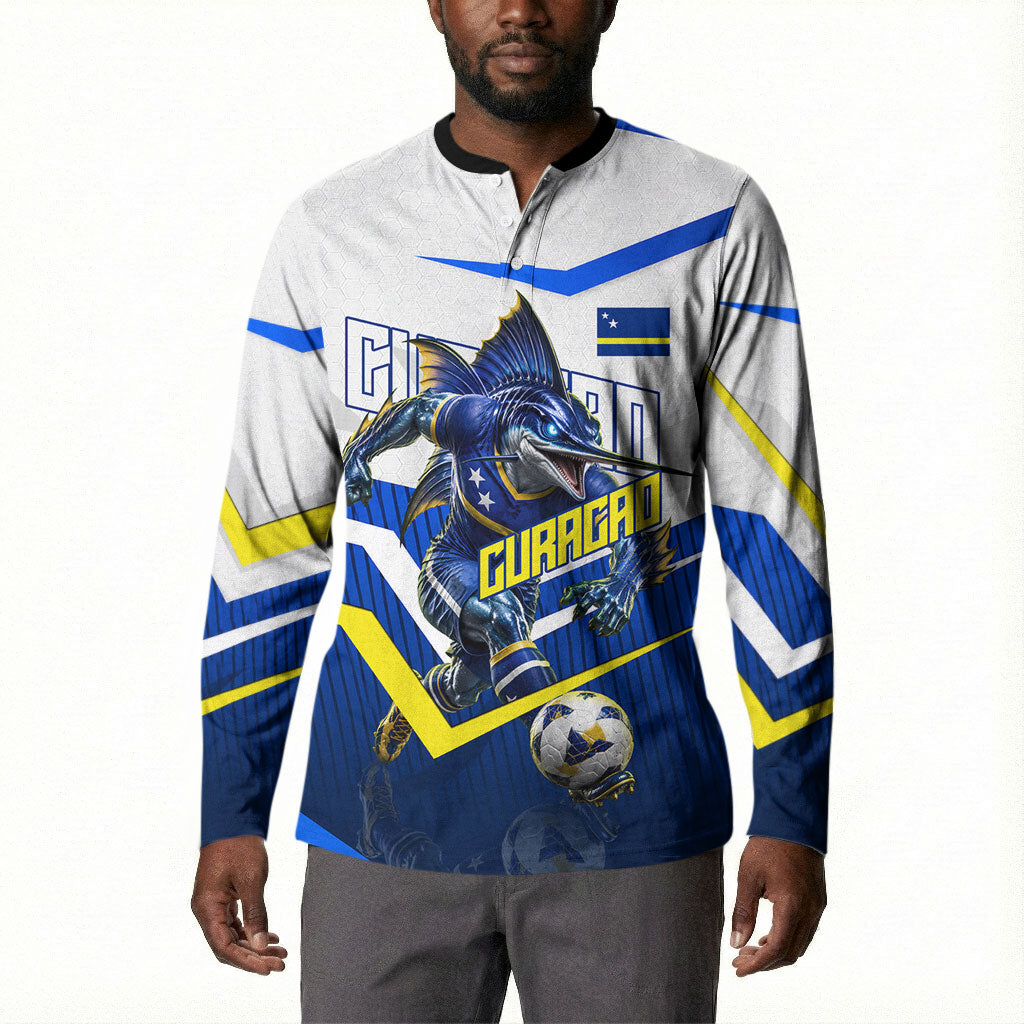 Personalized Curacao Football Marlin Mascot Button Sweatshirt Caribbean Flag Colors Geometric Blue