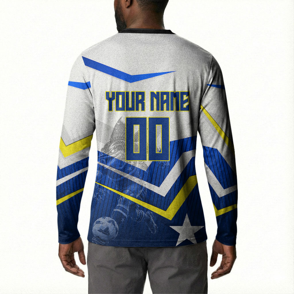 Personalized Curacao Football Marlin Mascot Button Sweatshirt Caribbean Flag Colors Geometric Blue