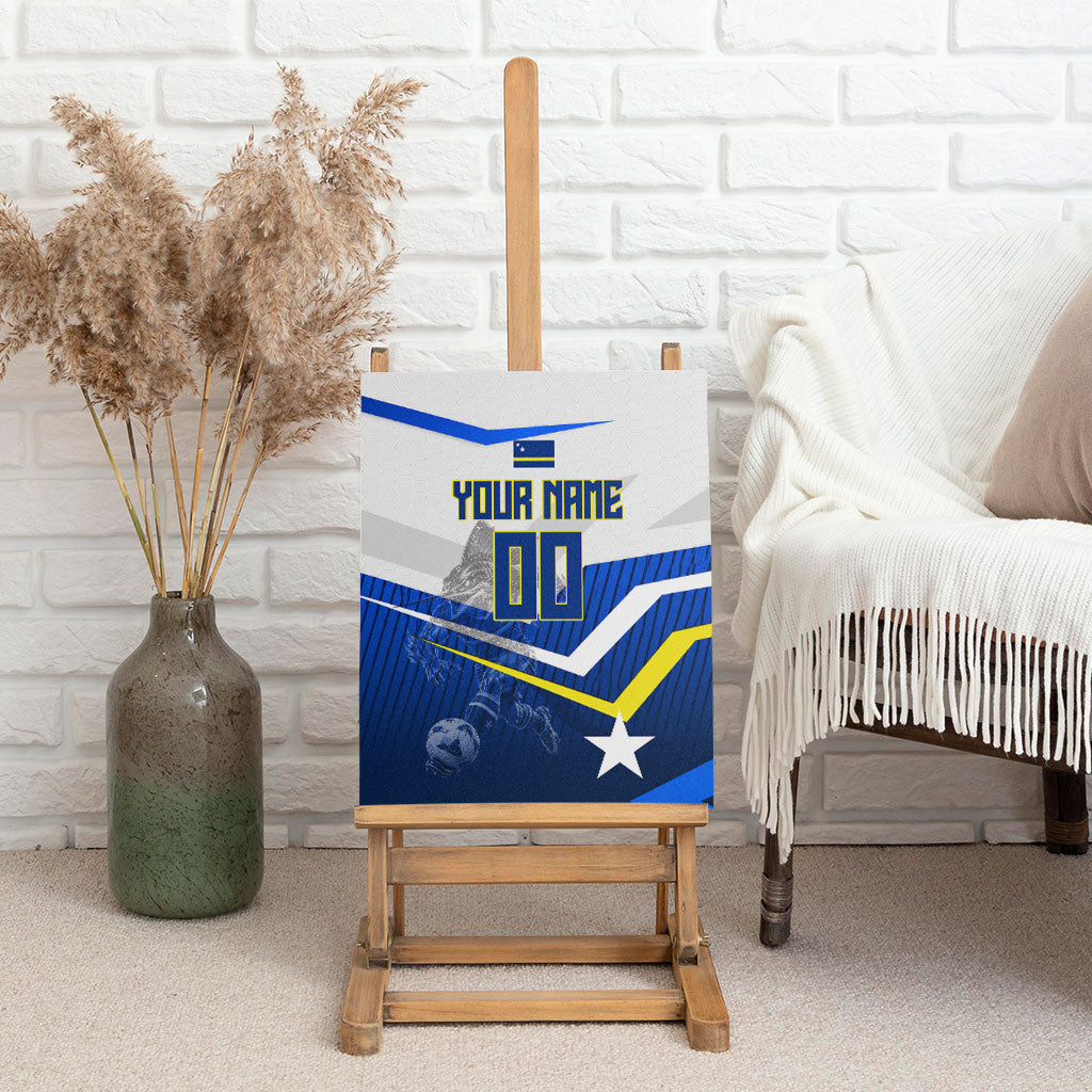 Personalized Curacao Football Marlin Mascot Canvas Wall Art Caribbean Flag Colors Geometric Blue