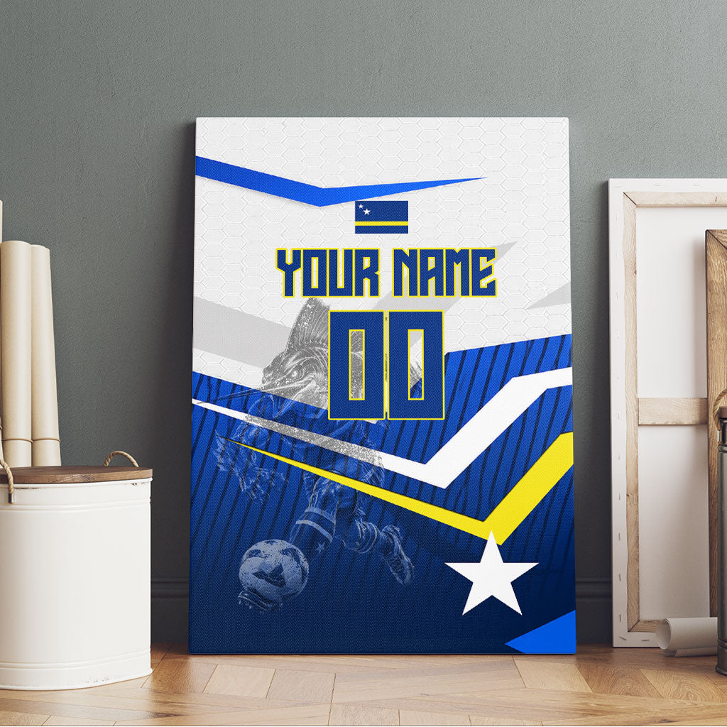 Personalized Curacao Football Marlin Mascot Canvas Wall Art Caribbean Flag Colors Geometric Blue