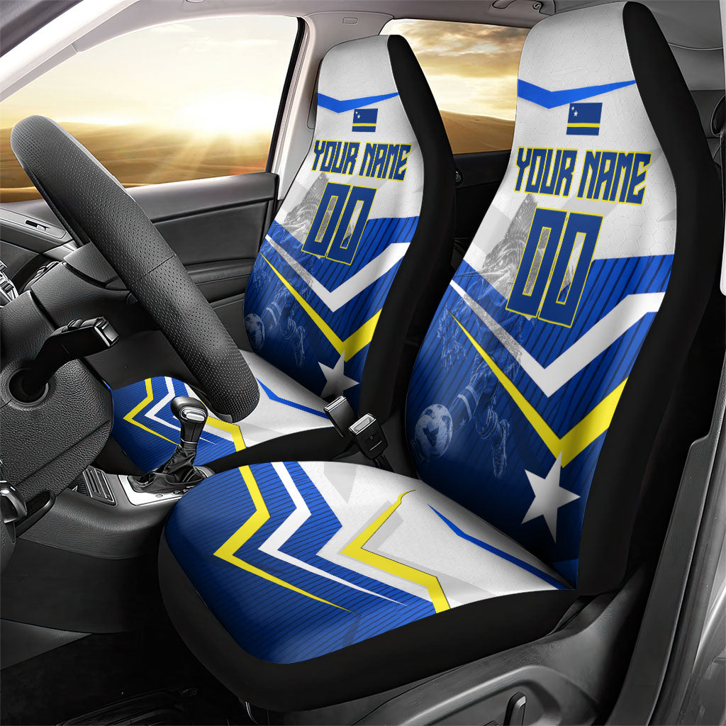 Personalized Curacao Football Marlin Mascot Car Seat Cover Caribbean Flag Colors Geometric Blue