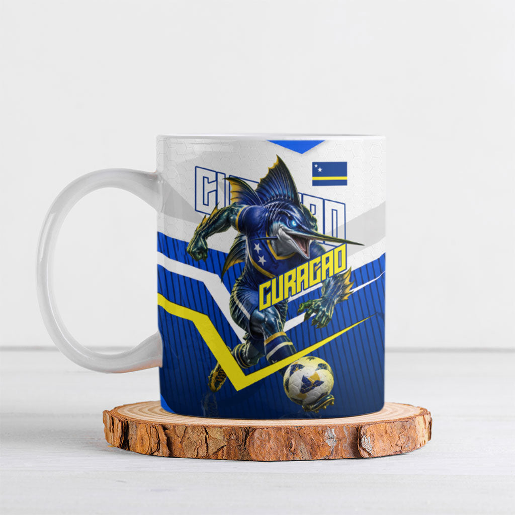 Personalized Curacao Football Marlin Mascot Ceramic Mug Caribbean Flag Colors Geometric Blue