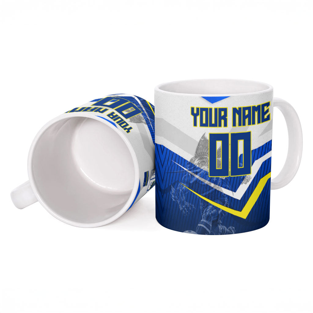 Personalized Curacao Football Marlin Mascot Ceramic Mug Caribbean Flag Colors Geometric Blue