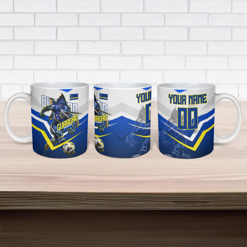 Personalized Curacao Football Marlin Mascot Ceramic Mug Caribbean Flag Colors Geometric Blue