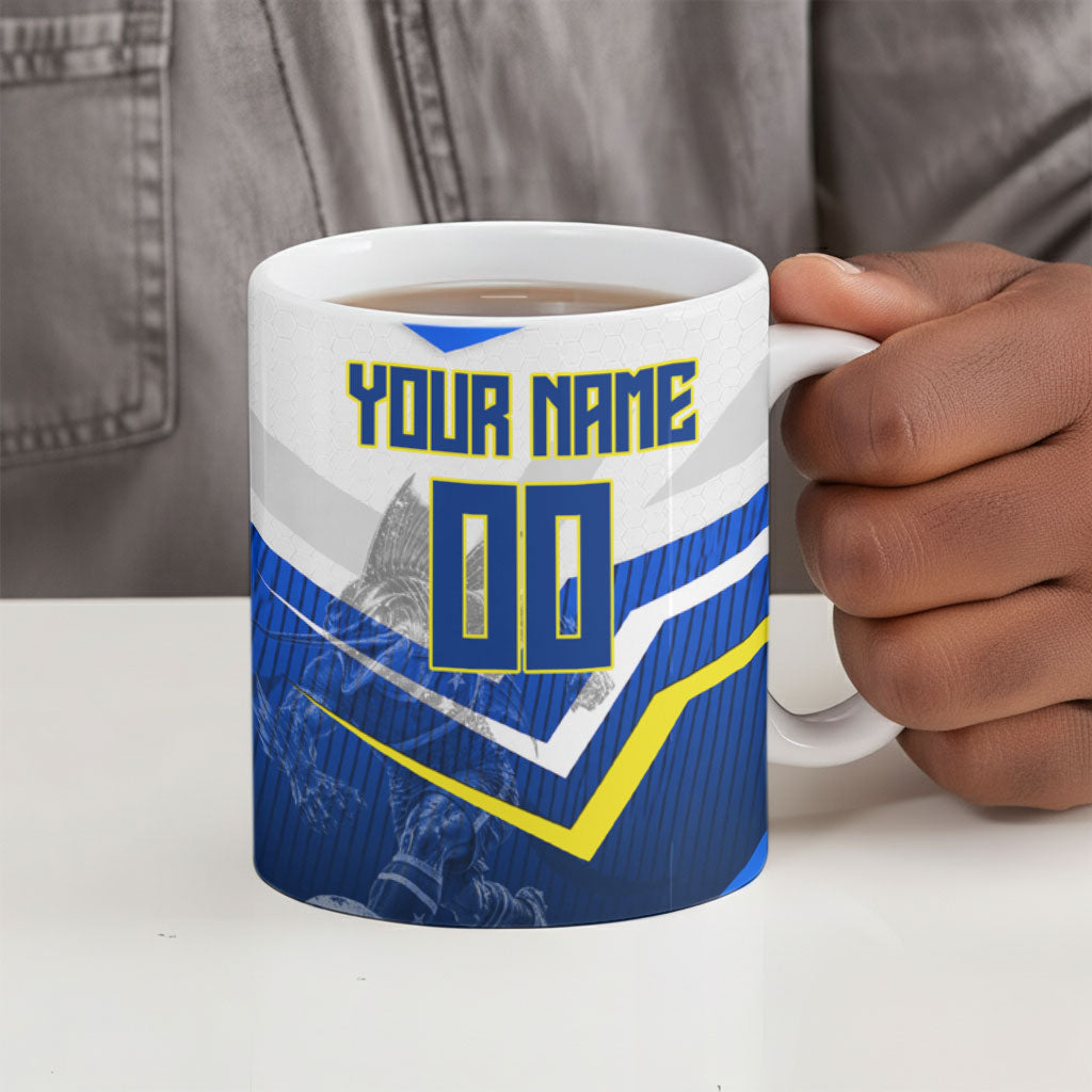 Personalized Curacao Football Marlin Mascot Ceramic Mug Caribbean Flag Colors Geometric Blue