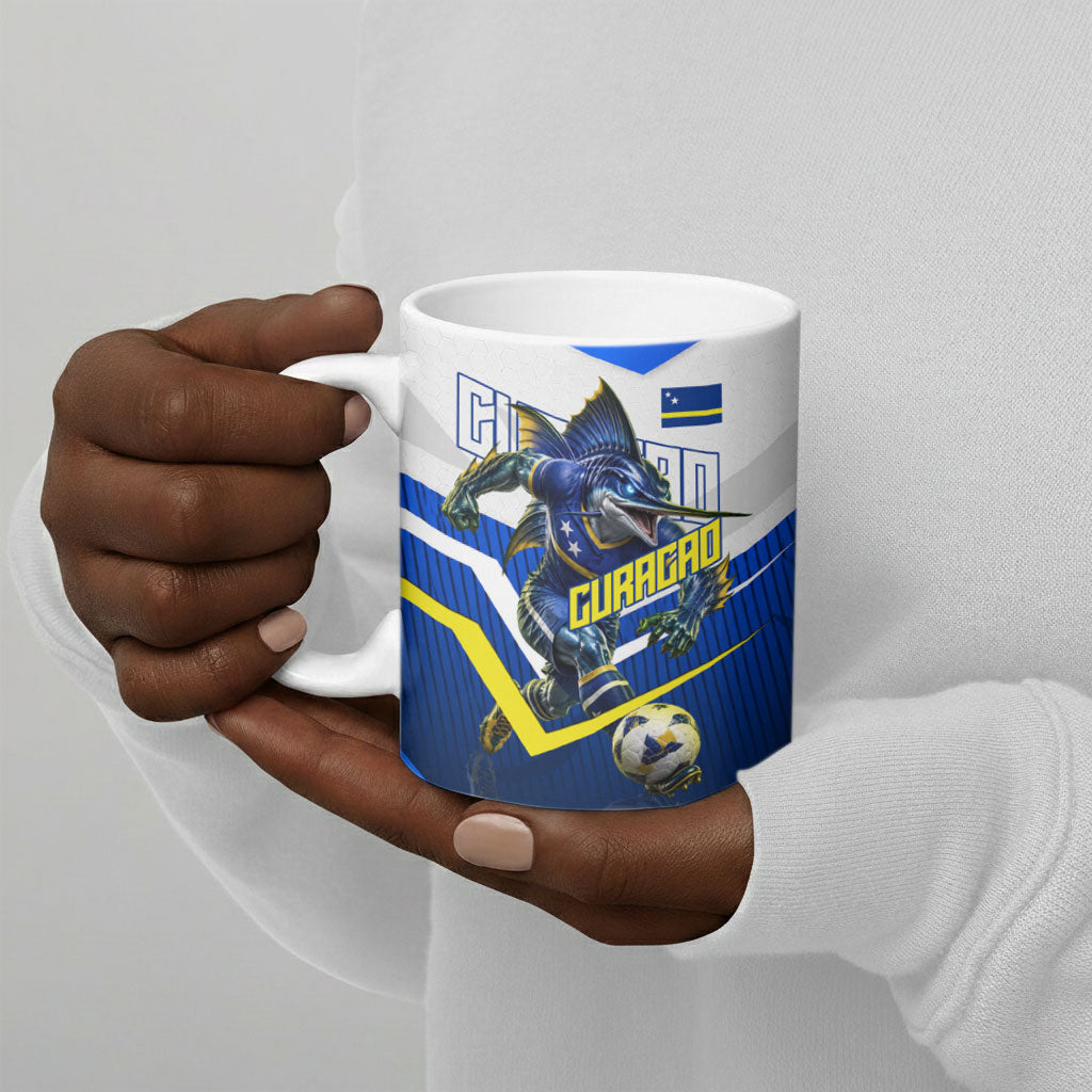 Personalized Curacao Football Marlin Mascot Ceramic Mug Caribbean Flag Colors Geometric Blue